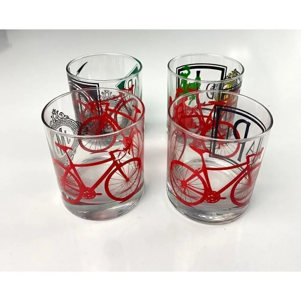 Set of 4 Lowball Whiskey Short Tumbler Glasses Bicycle Bronco Monogram Barware C